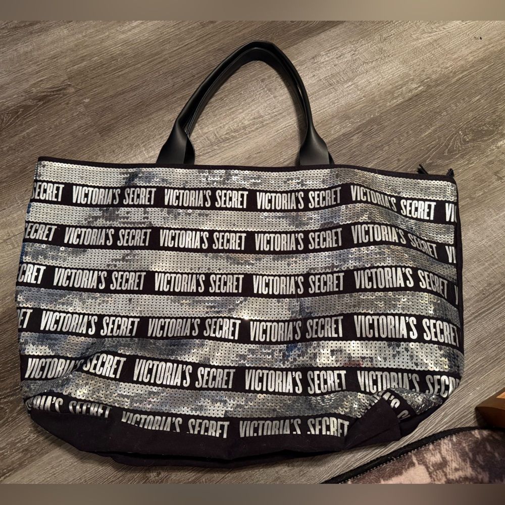 Victoria's Secret Black and Silver Sequin Logo Tote Bag